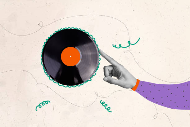 istock Composite art 3d creative collage of hand show index finger vinyl disk record celebration music occasion meloman track disco event 2199563539