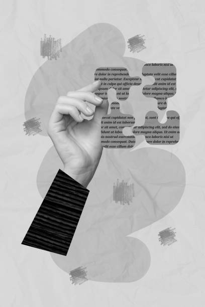 istock Collage photo of hand holding puzzle connecting completed creative image correct elements text fragments isolated on blue painted background 2199563557