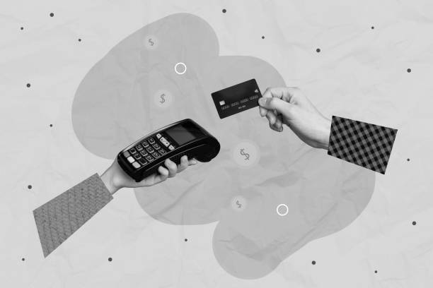 istock Photo creative collage of hand credit plastic card demonstrate wireless payment operation terminal convenient shopping isolated on painted background 2199563570