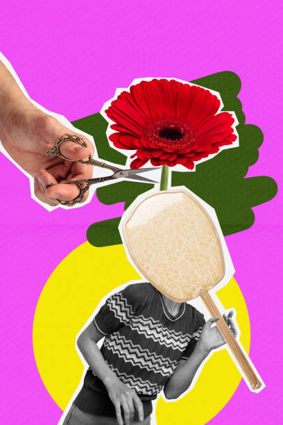 istock Composite sketch image design trend artwork collage of spring season hand hold scissors cut flower bouquet young lady cover head mirror 2199563781