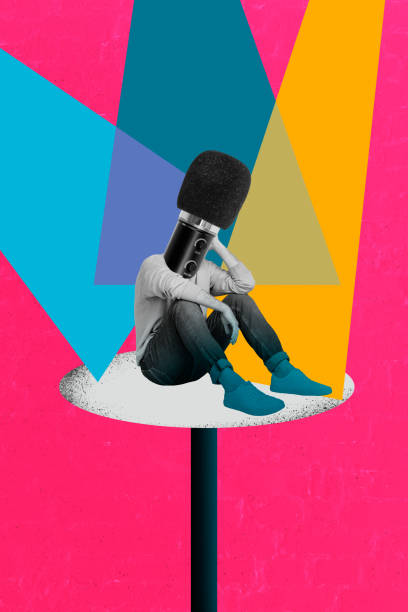 istock Poster image vertical photo collage of anonym man instead head microphone device interview speaker sit dancehall karaoke singer 2199563961