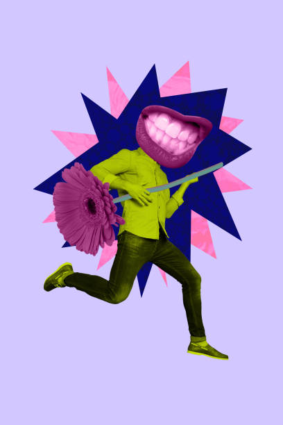 istock Poster image vertical photo collage of anonym guy instead head mouth lips grimace teeth bleaching gerbera flower guitar imitation 2199564090
