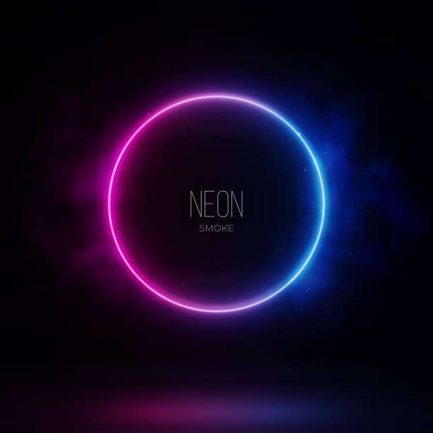 Neon Blue Pink gradient circle with smoke on dark background. 3D render abstract light vector illustration. Neon Blue Pink gradient circle with smoke on dark background. 3D render abstract light vector illustration neon circle glow stock illustrations