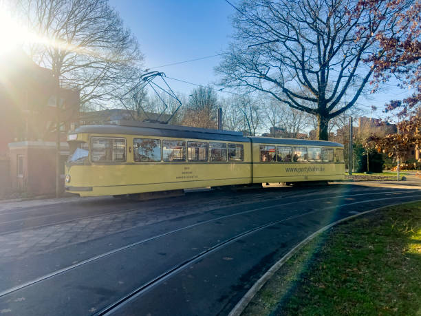 Remagen, Germany, March 31, 2024 - An electric railcar of the Drachenfelsbahn, a rack railroad connecting Königswinter on the Rhine with the summit of Drachenfels.