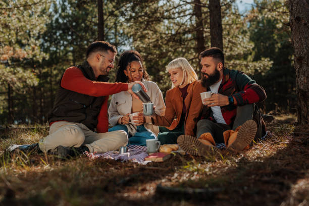 istock Diverse friends have picnic in forest. 2199582696