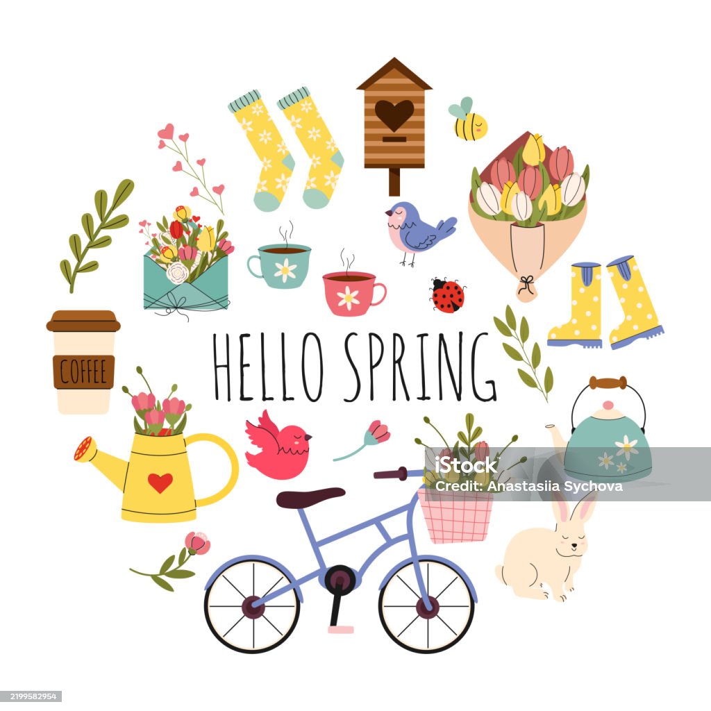 Spring Time Doodle Hello Spring In Hand Drawn Style Cute Springtime Doodle Banner Design ...