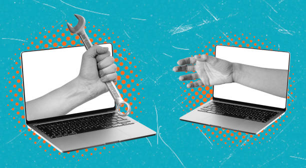 istock Contemporary art collage featuring laptops, hands with a wrench. 2199584902