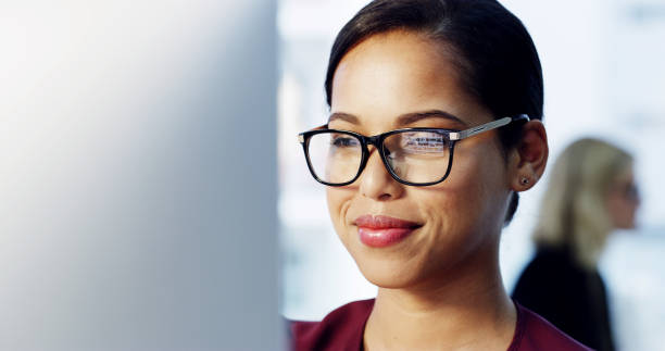 istock Business, thinking or woman with computer, internet and solution with choice. Person, accountant or financial advisor in office, glasses or report for income growth, problem solving or website info 2199585719