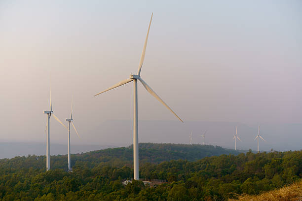 Wind turbines for generating clean energy stand on a mountain with evening sky.