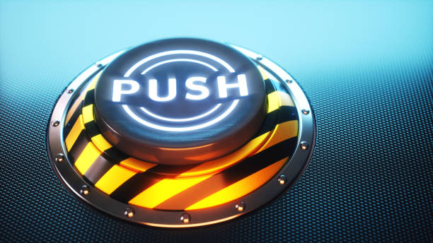 Industrial style metallic push button design with the label 'push' written on.