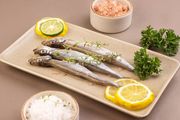 Ikan Shisamo is Fresh Capelin Fish or Shisamo Baby Fish on a Plate.