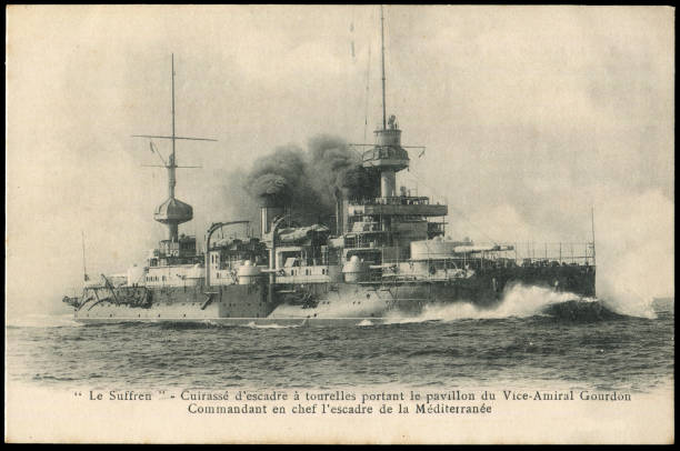 istock antique French Navy pre-dreadnought battleship Suffren postcard in 1900s, ready for any usage of  historic events background. 2199610293