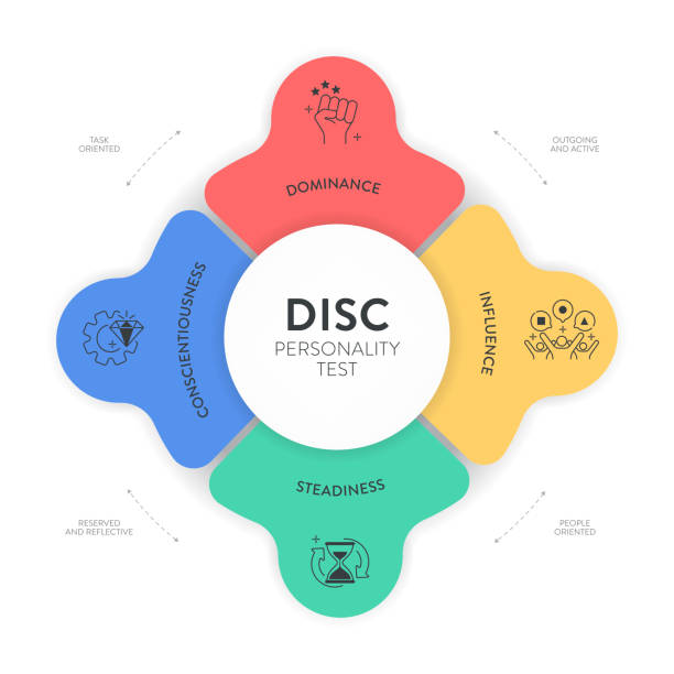 DISC model infographic has 4 types of personality, D dominance, I influence, S steadiness and C conscientiousness. Personality test to improve work productivity. Education diagram presentation vector.