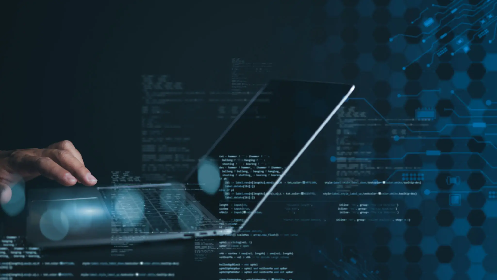 컴퓨터 자바스크립트 언어의 진화 2 Programmer and cyber security technology, Digital technology, Software development concept. Coding programmer, Programmer use laptop to analyze developments based on various data On the virtual screen