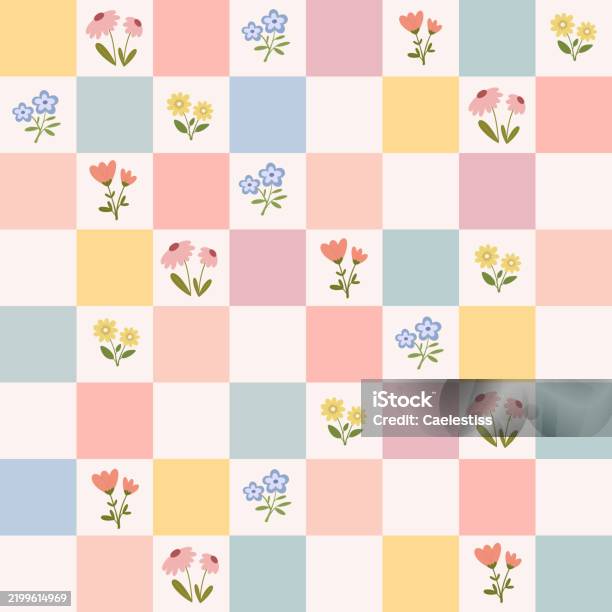Pastell Background Spring Pattern Cute Spring Seamess Pattern Checkered Pastel Backdrop With Different ...