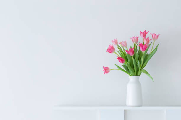 istock pink tulips in white vase on white background 2199620455