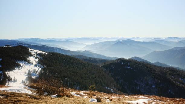 istock Majestic view of Carpathian Mountains valley at winter-spring time 2199631824