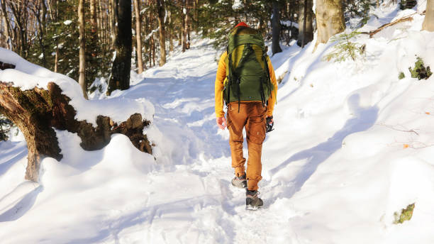 istock Man Hiking with Backpack on the Sunny Winter Day 2199631845