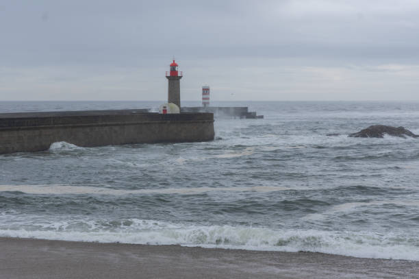 The power of winter at sea with this evocative image. A maritime landscape where the ocean merges with the horizon under a cloudy sky, the breakwater challenging the waves and the lighthouse as a guide in the distance. Perfect for projects that require a touch of melancholy, nature, travel and coastal landscapes.