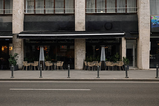 Geometric cafe on a streets of Bucharest in winter