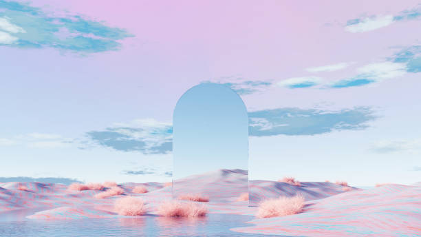istock 3D render, Serene surreal desert landscape with reflective arch and pastel colored sky 2199646182