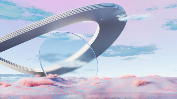istock 3D render, Futuristic surreal landscape with floating arches, reflective sphere, and pink desert 2199646187