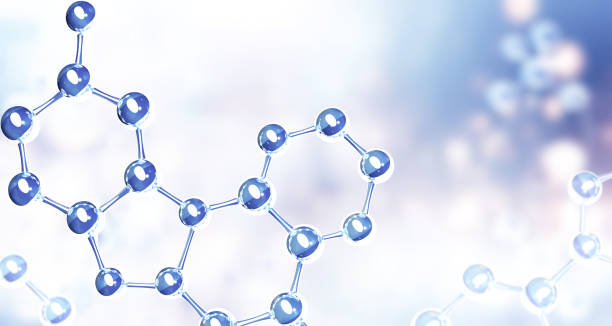 istock Horizontal banner with model of abstract molecular structure. Background of blue color with glass atom model. Copy space for your text. 3d render 2199651394
