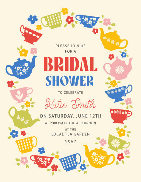 Bridal Shower or Tea Party invitation template in bright happy colors. Organized layers. Flat colors, easy to edit.