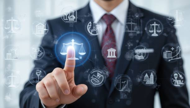 Legal Professional with Justice Icons. A suited legal professional touches virtual icons symbolizing law, justice, and legal services. business legislation, Notary public, legal advice online, Lawyer stock photo