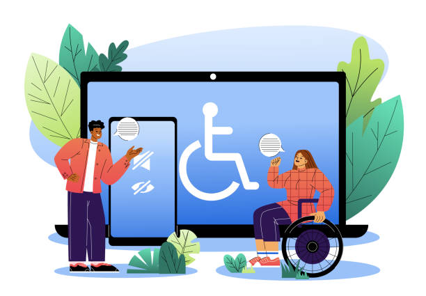Digital accessibility and inclusion concept. Flat vector illustration. People discussing digital accessibility features, with a wheelchair user and a large screen displaying accessibility icons, on a nature-inspired background. Flat vector illustration. assistive technology stock illustrations