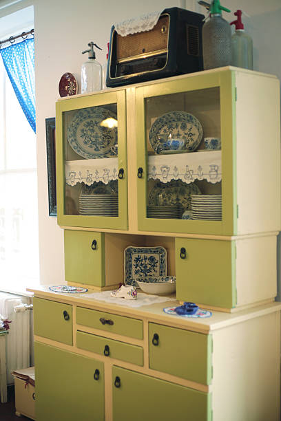 istock Vintage Kitchen Cabinet with Blue and White Porcelain Dishes 2199662892