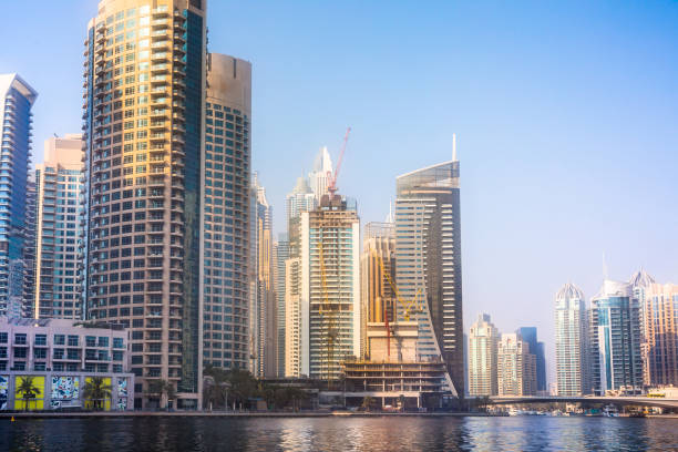istock Dubai Marina skyscrapers view at sunset. Panoramic view from boat 2199666477