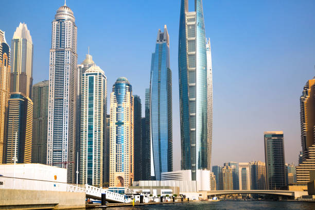 istock Dubai Marina skyscrapers view at sunset. Panoramic view from boat 2199666568
