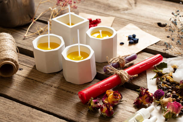 The process of making scented candles at home, make candles stock photo