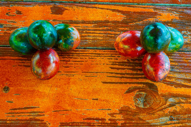 Easter, spring holiday, this year, the Catholic and Orthodox Churches celebrate Easter on the same day, beautiful colorful Easter eggs, home tradition of decorating with colors, still life,
