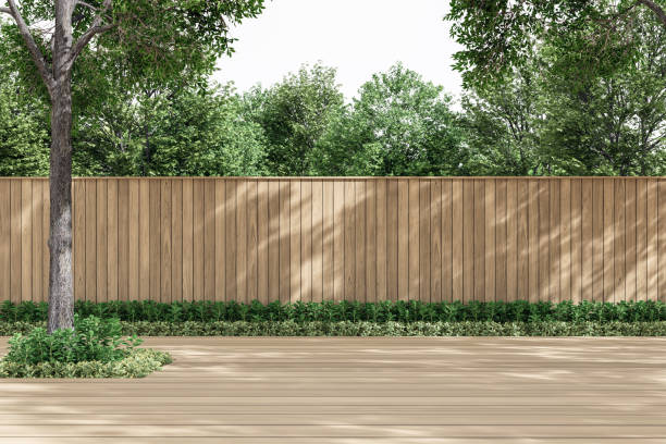 istock Modern contemporary empty wooden terrace with blank plank fence 3d render 2199679326