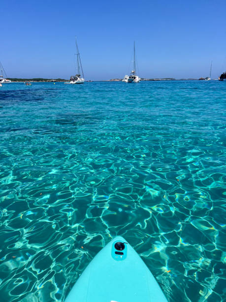 Paddleboard in serene aqua water with sailboats nearby. Vivid blue sea under clear sky. Perfect for ocean adventure or coastal relaxation scenes.