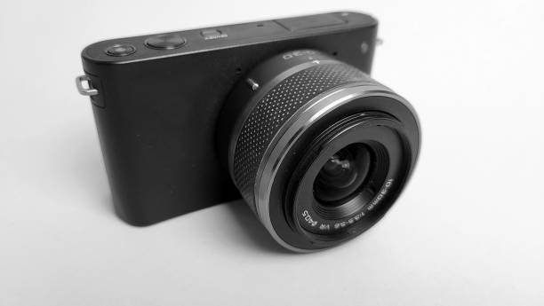 A compact camera showcases a sleek design with a brown leather grip and a prominent wide angle lens. This stylish device captures high quality photos in various settings.