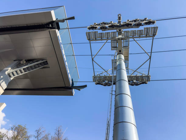 Mexico City, Mexico. February 12th, 2025. Street view of the Los Pinos terminal station and support tower of the Cablebus Line 3, cable car used as public transportation.