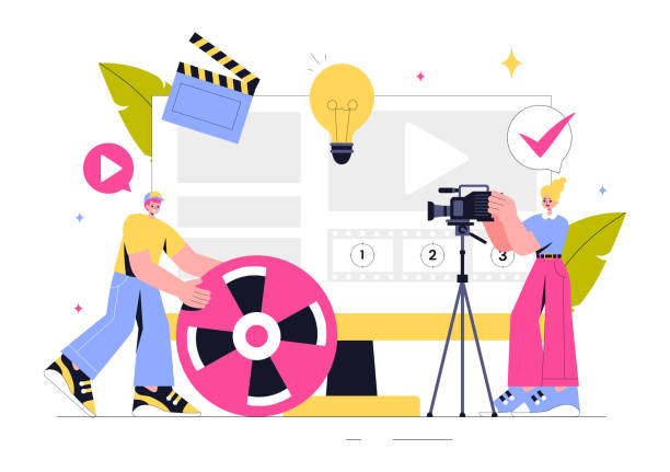 istock Videography Services Vector Illustration featuring Video Recording Production, Film Making, Videographer Equipment, and the Cinema Industry 2199708717
