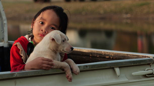 little girl and a puppy
