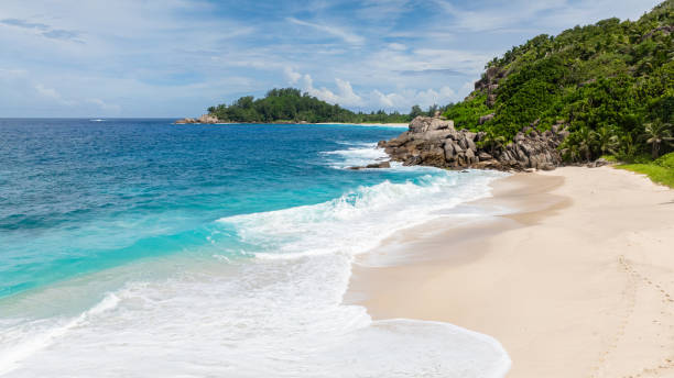 istock Turquoise waves crashing on a tropical shore with greenery. Seychelles, Mahe. 2199725297