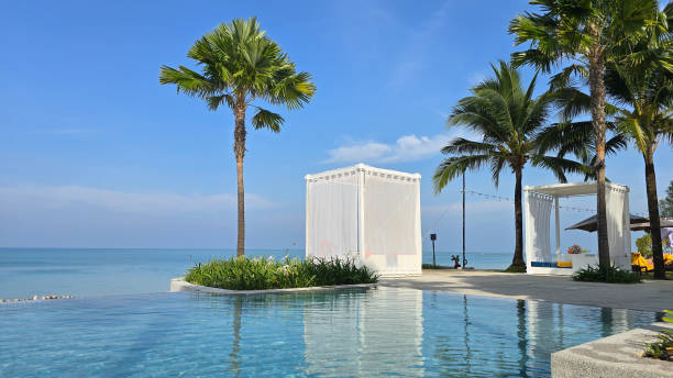 Tranquil atmosphere unfolds on Thailand as palm trees sway gently in the breeze beside azure waters. Soft white cabanas invite relaxation under a clear blue sky.