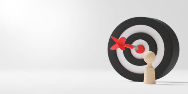Objective and target concept design of wooden people with target dart on white background with copy space 3D render