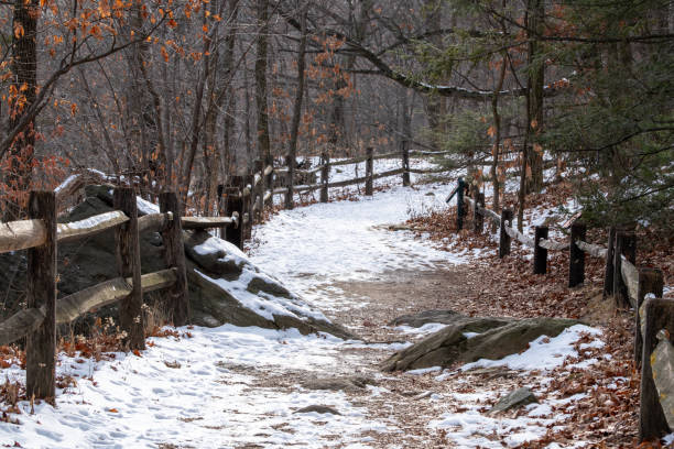 A winding path through a forest in winter, lined with a rustic wooden fence. The path is partially covered with snow, with scattered fallen leaves along the edges. Trees with bare branches and patches of evergreen add to the serene atmosphere, creating a peaceful winter scene. Rocks protrude along the trail, adding texture to the landscape.