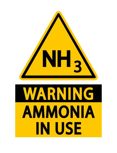 Warning ammonia in use.Yellow triangle warning sign with symbol and text Warning ammonia in use. Yellow triangle warning sign with chemical formula and text below. ammonium nitrate stock illustrations