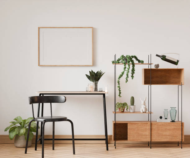 istock frame pictures mockup, wood poster horizontal one frames in wall home work desk, element interior 3d render 2199768496