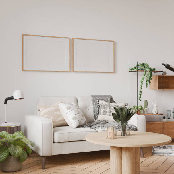 istock Frame mockup, interior frame, poster wood frame element and living room in empty picture interior horizontal wooden floor There in illustration 3d render. 2199768502