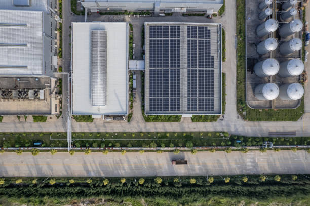 istock Aerial view of a factory installing solar power 2199788179