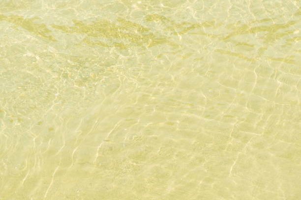 Blue water with ripples on the surface. Defocus blurred transparent blue colored clear calm water surface texture with splashes and bubbles. Water waves with shining pattern texture background.